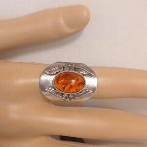 Vintage 1985 Carol Felley Amber Southwestern Sterling Silver Band Ring Size 6.5